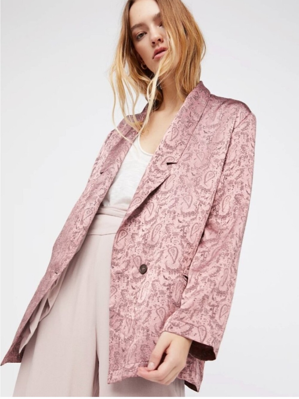 Free People Pink Paisley Satin Oversized Blazer Jacket